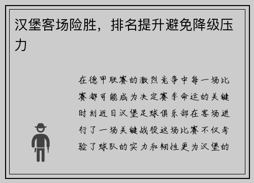 汉堡客场险胜，排名提升避免降级压力